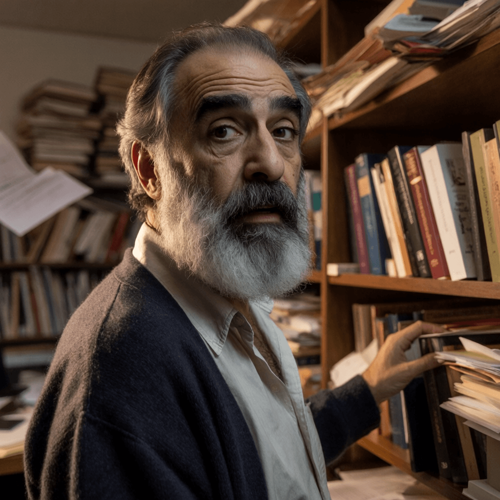 Kenneth Macleod inside his cluttered working room surrounded by estate papers and finding aids, office portrait one.