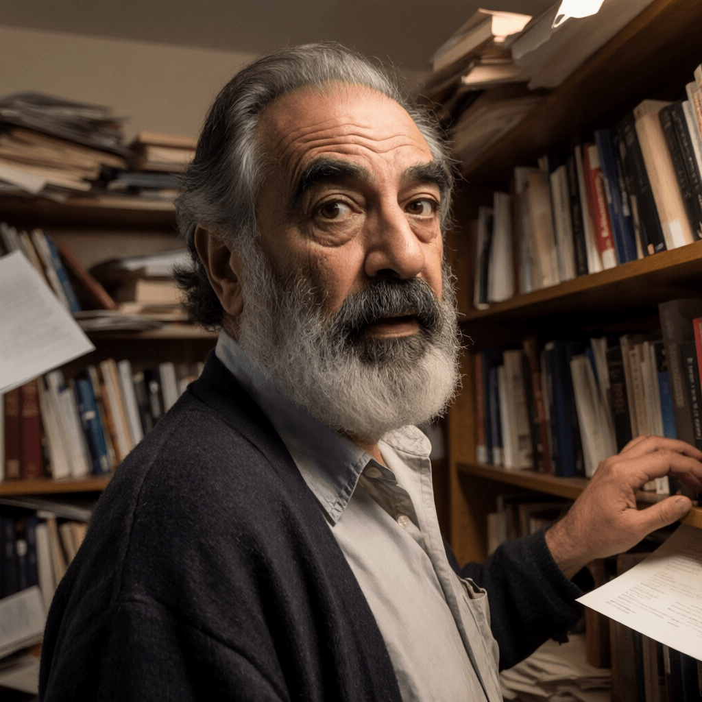 Kenneth Macleod inside his cluttered working room with catalogues and compensation file printouts, office portrait two.