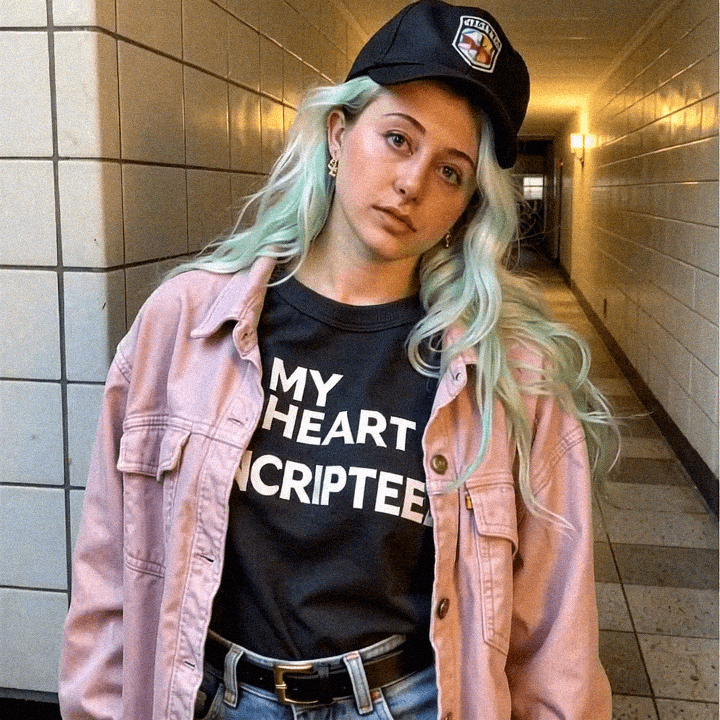 Emma-Jane MacKinnon-Lee in an encrypted hearts tee