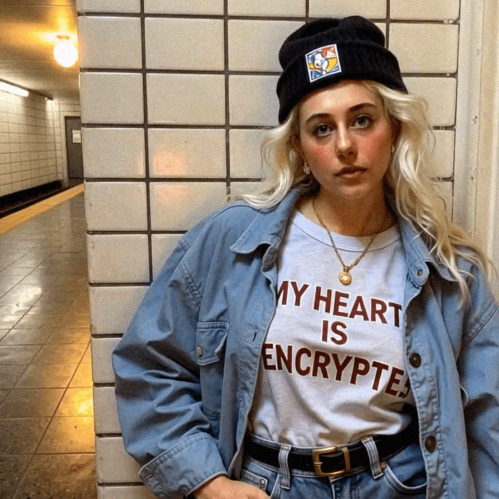 Emma-Jane MacKinnon-Lee with an encrypted hearts tshirt